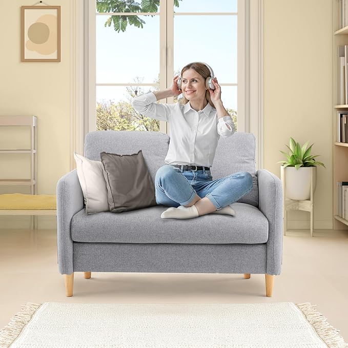 VINGLI 47" Small Couch, Linen Loveseat Sofa Light Grey Mini Couch Mid Century Modern Decor Love Seat for Small Spaces Living Room, Bedroom, Play Room-Ruum Studio Home
