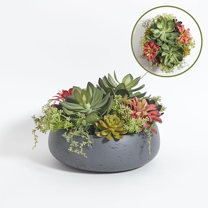Faux Succulent Arrangement, Premium Artificial Indoor Plant Enhances Interior Design, Display on Any Surface in Your Home Adding an Inviting Touch of Nature, Grey Planter Pot Included-Ruum Studio Home