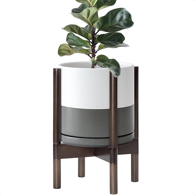 D'vine Dev Ceramic Planter with Walnut Color Stand - 10 Inch Modern Round Flower Pot with Wood Planter Holder, White/Grey, 55-B-X-6-Ruum Studio Home
