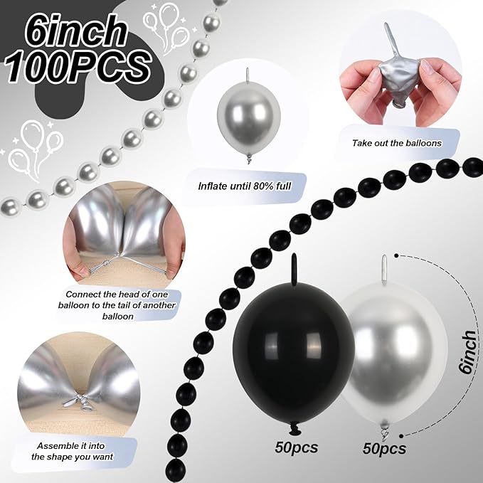 Black and Silver Linking Balloons, 100PCS 6 Inch Small Metal Silver Link Balloons for Making Balloon Wall Heart Arch, Quick Linked Balloon for Wedding Birthday Baby Shower Graduation Party Decorations-Ruum Studio Home