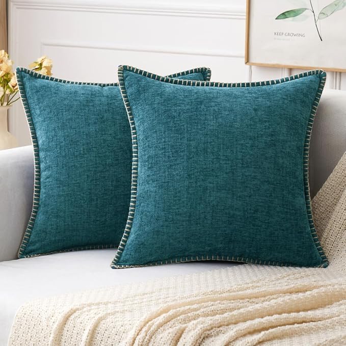 MIULEE Pack of 2 Couch Throw Pillow Covers 20x20 Inch Dark Teal Farmhouse Decorative Pillow Covers with Stitched Edge Soft Chenille Solid Dyed Spring Pillow Covers for Sofa Bed Living Room-Ruum Studio Home