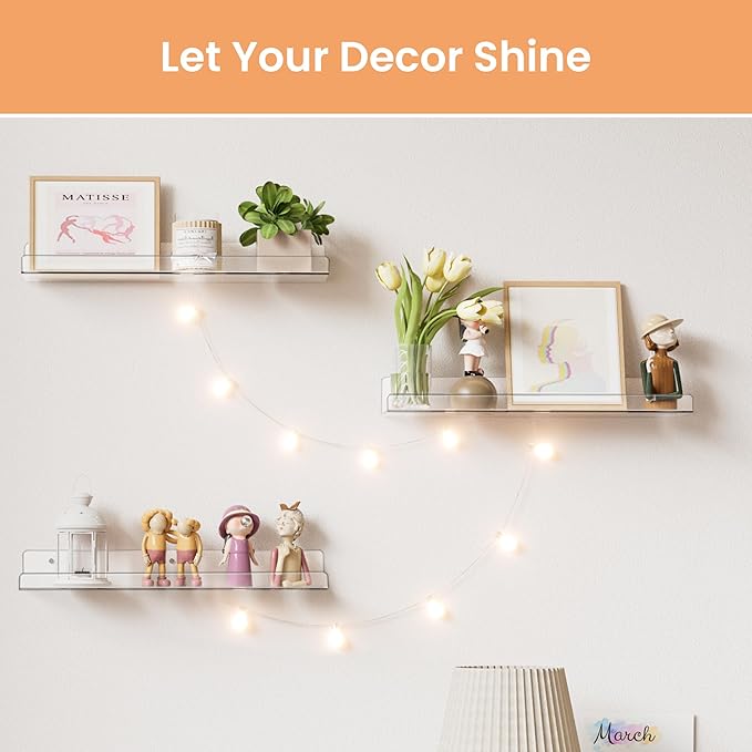 upsimples 4 Pack Acrylic Shelves for Wall Storage, 15" Floating Bookshelves for Kids, Display Shelf Organizer for Bathroom, Bedroom, Living Room, Kitchen, Room Decor, Clear-Ruum Studio Home