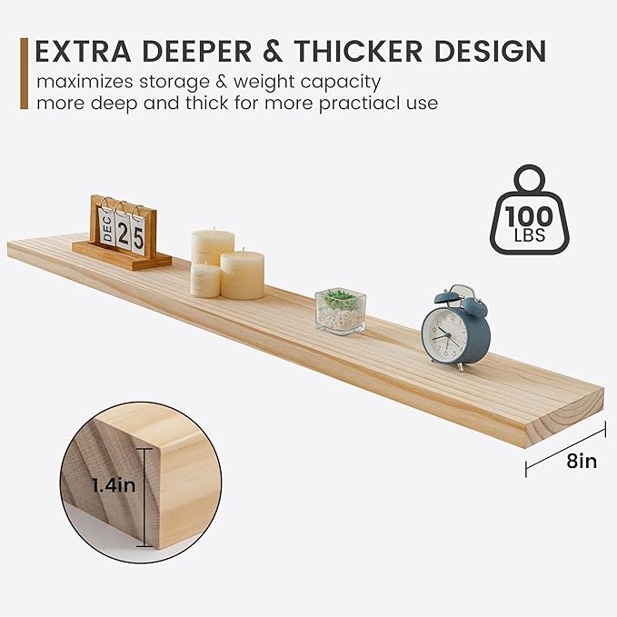 Fun Memories 48 Inch Floating Shelves for Wall, Deep Rustic Solid Pine Wood Floating Shelf - Farmhouse Wall Mounted Display Shelf with Heavy-Duty Metal Bracket, 48" W x 8" D, Set of 1, Unfinished-Ruum Studio Home