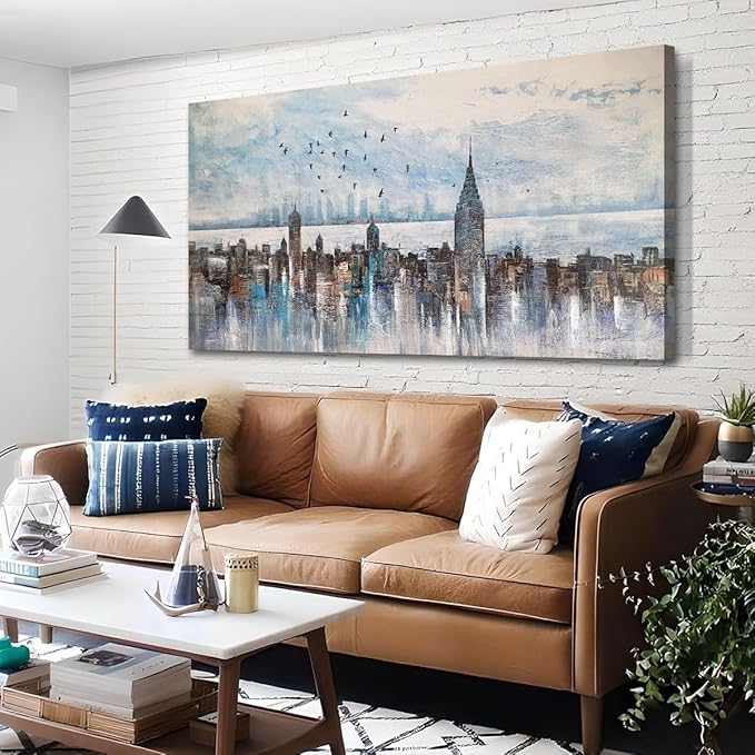 Arjun Cityscape Wall Art New York City Skyline Buildings Picture Modern Abstract Grey NYC Skyline Birds Painting Framed Artwork for Bedroom Living Room Bathroom Home Office Decor, Large Size 40"x20"-Ruum Studio Home