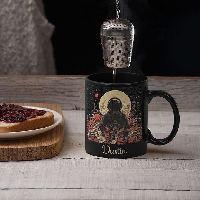 Astronaut with Moon and Wildflowers Coffee Mug, Custom Name Ceramic Cup 11oz 15oz, Unique Astronaut Coffee Cup for Friends, Personalized Astronomy Black Mug, Gifts for Birthday-Ruum Studio Home