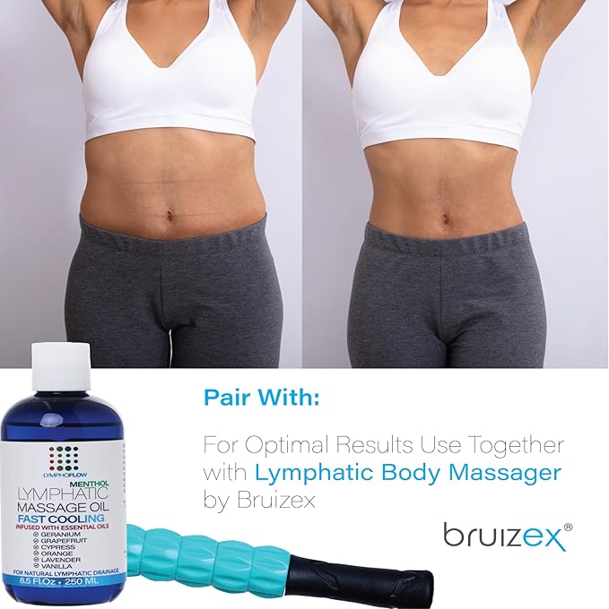 Lymphatic Drainage Massage Oil with Arnica & Coconut Oil, Cooling Menthol for Relief, Post Surgery Recovery & Lipedema, Liposuction, 360 Lipo, BBL, Tummy Tuck, Fibrosis Treatment, 8.5 Oz-Ruum Studio Home