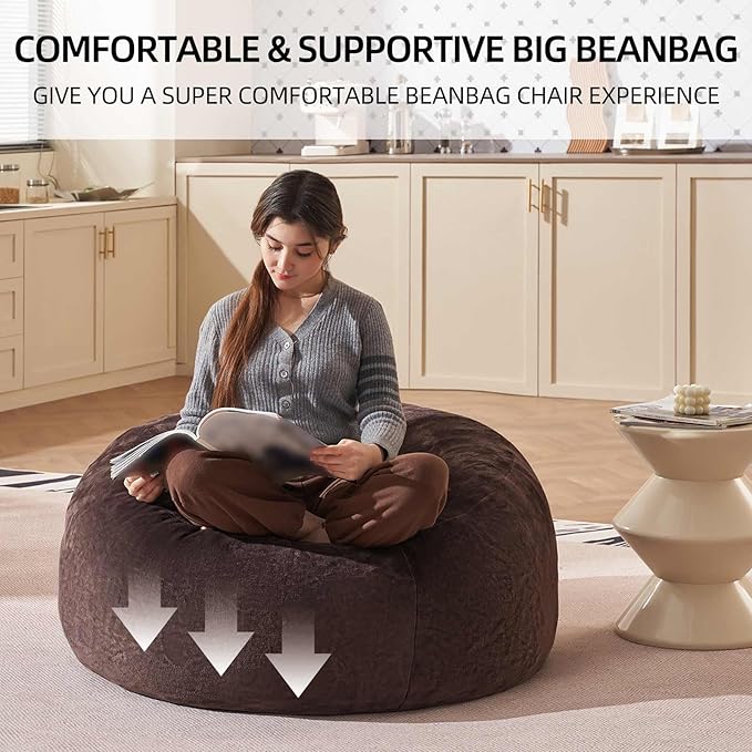 Bean Bag Chair 3Ft, Memory Foam Filled, Large Beanbag Chairs for Adults and Teens, Soft Sofa with Removable Flannel Cover, Round Couch for Living Room Bedroom College Dorm (Brown, 3FT-36×36"×24")-Ruum Studio Home