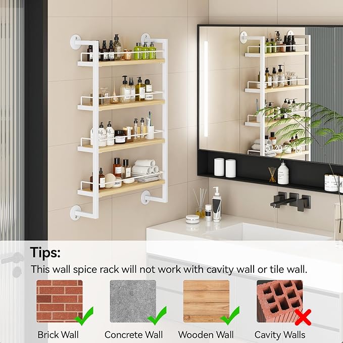 IBUYKE Spice Rack Wall Mount,4 Tier Hanging Seasoning Organizer,Spice Rack for Wall for up to 50 Jars,Spice Organization for Kitchen Cabinet,Living Room,Bathroom,Pantry,Natural TLJ016R-Ruum Studio Home