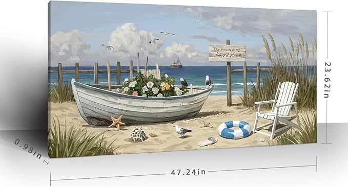 amatop Large Coastal Wall Art Nautical Beach Canvas Art Print Flower-Filled Boat on Sand Ocean Waves Seaside Seascape ArtworkSea Birds Marine Picture Home Decor for Living Room Bedroom Office 48×24 Inch-Ruum Studio Home
