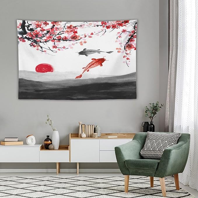 Houselerax Japanese Koi Fish Tapestries, Cherry Blossoms Asian Oriental Flower Branch Koi Fish Carp Tapestry Wall Hanging for Bedroom Living Room Office Decor 60"x40"-Ruum Studio Home