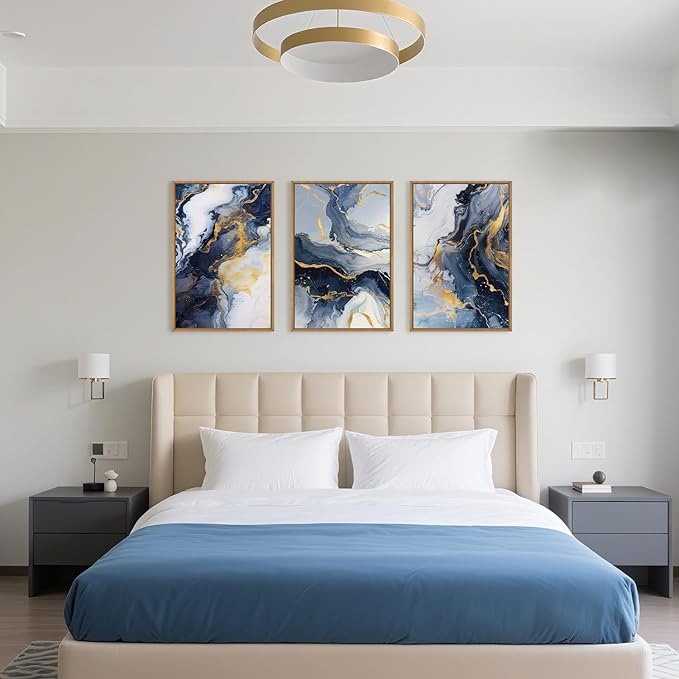 Blue and Gold Framed Canvas Wall Art Set, Mid-Century Modern Abstract Wall Decor, Navy Blue Ink Wash Painting, Neutral Art Print for Living Room, Bedroom, Dining Room, Office - 16"x24"x3-Ruum Studio Home