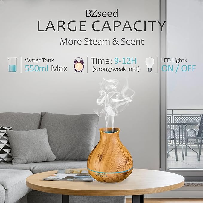 BZseed Aromatherapy Essential Oil Diffuser 550ml 12 Hours Wood Grain Aroma Diffuser with Timer Cool Mist Humidifier for Large Room, Home, Baby Bedroom, Waterless Auto Shut-off,7 Colors Lights Changing-Ruum Studio Home