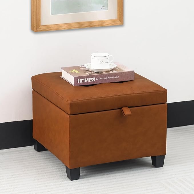 Adeco 17.5" Faux Leather Storage Ottoman with Hinged Lid, 14 Inch High Square Cube Foot Stool with Storage, Upholstered Vanity Stool with Solid Wood Legs for Living Room, Bedroom, Dorm (Warm Orange)-Ruum Studio Home