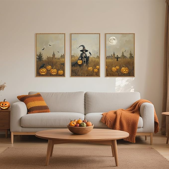 Celestdeco Halloween Ghost Reaper Framed Wall Art Set, Scary Witchy and Pumpkin Wall Decor, Horror Night Wall Painting, Full Moon Bats Art Prints for Living Room,Bedroom,Halloween Themed Party Decoration-16"×24"×3-Ruum Studio Home