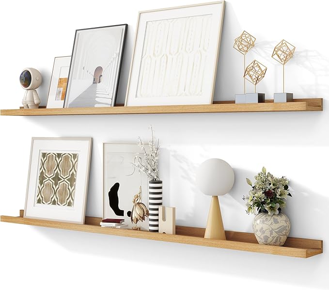 Solid Ash Wood Picture Ledge Shelf, Floating Shelves Set of 2, 56 Inch Long Large Ledge Shelves, Nursery Book Shelves Wall Mounted for Living Room Bedroom Kitchen Decor Kids Bookshelf, Natural-Ruum Studio Home