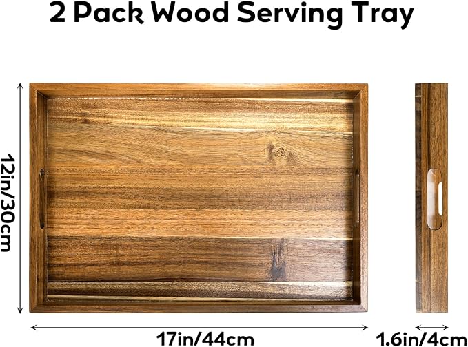 YOUEON 2 Pack Large Acacia Wood Serving Tray with Handles, 17x12 Inch Decorative Wood Trays for Serving Food, Party, Rectangle Ottoman Tray, Coffee Table Trays for Bed, Living Room, Kitchen-Ruum Studio Home