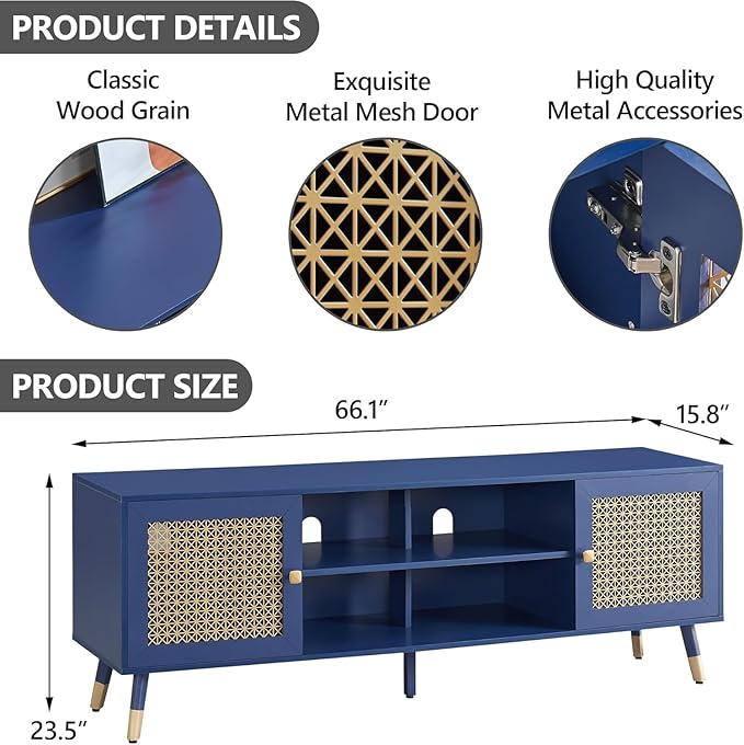 Mid Century Modern Entertainment Center, Blue TV Stand for TVs up to 75", Boho Tv Furnitures with Storage Cabinet and Shelves, Tv Console Media Center with Gold Metal Mesh Doors for Living Room-Ruum Studio Home