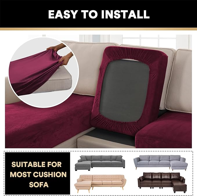 PrinceDeco Velvet Couch Covers - 4 Piece Set for Sectional Sofa (3 Seater + 1 Chaise, Burgundy)-Ruum Studio Home