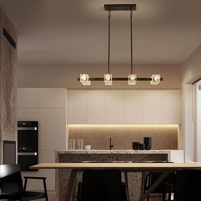 XINGQI Modern Chandeliers for Dining Room Over Table, 8-Light Rectangular Kitchen Island Light Fixture, Linear Farmhouse Metal Glass Black Vintage Hanging Lamp for Living Room Bar-Ruum Studio Home