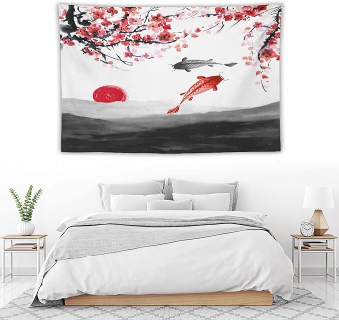Houselerax Japanese Koi Fish Tapestries, Cherry Blossoms Asian Oriental Flower Branch Koi Fish Carp Tapestry Wall Hanging for Bedroom Living Room Office Decor 60"x40"-Ruum Studio Home