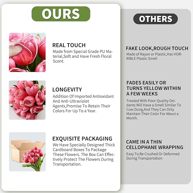 Buart Artificial Tulip in Bulk for Home Kitchen Wedding Bridal Bouquet,Fake Flowers for Mother's Day Easter Table Centerpieces Decorations(Large Size,Hot Pink,Real-Touch,12pcs)-Ruum Studio Home