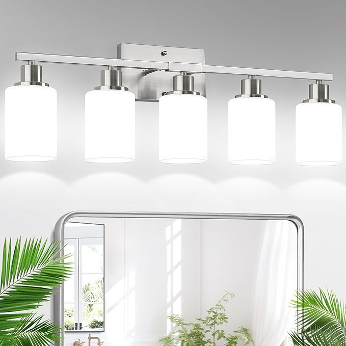 5-Light Brushed Nickel Bathroom Vanity Light with Milky White Frosted Glass Shades, Modern Bathroom Light Fixtures, Up/Down Reversible Lighting for Mirror, Bedroom, Kitchen, Living Room, Hallway-Ruum Studio Home