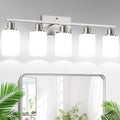5-Light Brushed Nickel Bathroom Vanity Light with Milky White Frosted Glass Shades, Modern Bathroom Light Fixtures, Up/Down Reversible Lighting for Mirror, Bedroom, Kitchen, Living Room, Hallway-Ruum Studio Home