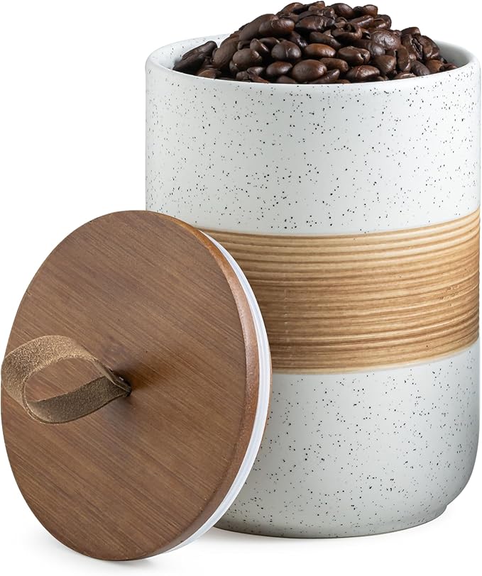 Coffee Container Jar with Lid, Ceramic Kitchen Food Storage Jars for Spice Sugar Cookie, Stackable Decorative Jars for Coffee Bar, White & 28oz-Ruum Studio Home