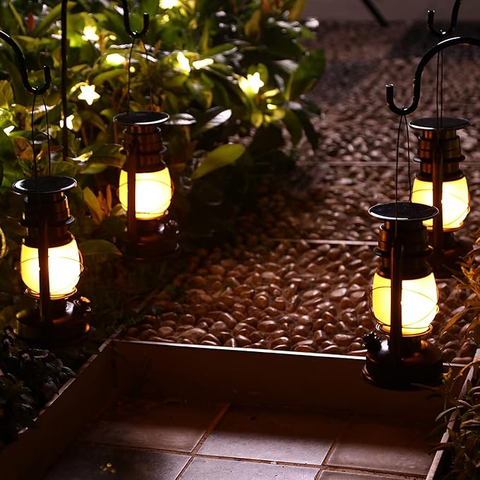 2 Pack Solar Hanging Lantern Outdoor, Solar Powered, Auto On/Off Waterproof LED Flame Umbrella Vintage Lights for Garden, Patio, Yard, Flickering Flameless Candle Mission Lights for Table, Party-Ruum Studio Home
