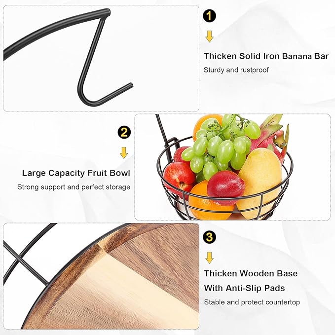 Livabber Countertop Fruit Basket Bowl with Banana Hanger, Modern Standing Fruit Vegetable Bowl Storage, with Banana Tree Holder for Kitchen Dinning Table (Round Wood, Black)-Ruum Studio Home