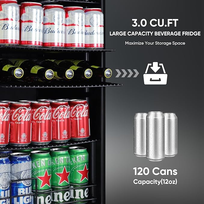 120 Can Beverage Refrigerator – Mini Fridge with Glass Door for Soda Beer or Wine, Beverage Cooler for Bedroom, Office, Bar with Adjustable Shelves & Digital Temperature Display, Silver-Ruum Studio Home