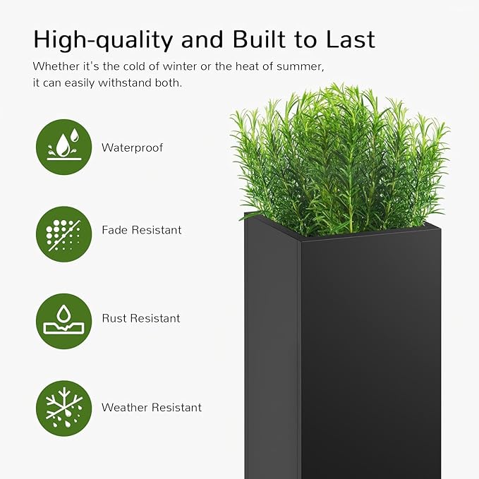 Stoog 30" Tall Planters for Outdoor Plants, All-Weather Metal Planter Boxes Set of 2, with Removable Insert Shelf, Modern Design, Indoor/Outdoor Use, Black-Ruum Studio Home