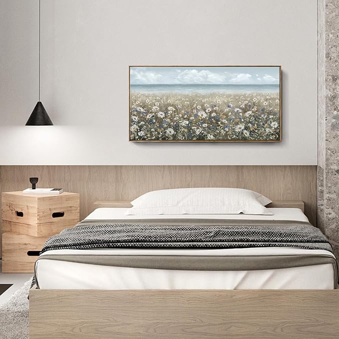 amatop Large Wall Art for Living Room Framed Boho Beach Coastal Floral Ocean Wall Picture Farmhouse Daisy Flower Sea Canvas Print Nautical Neutral Vintage Warm Artwork Home Bedroom Office Decor 48x24-Ruum Studio Home