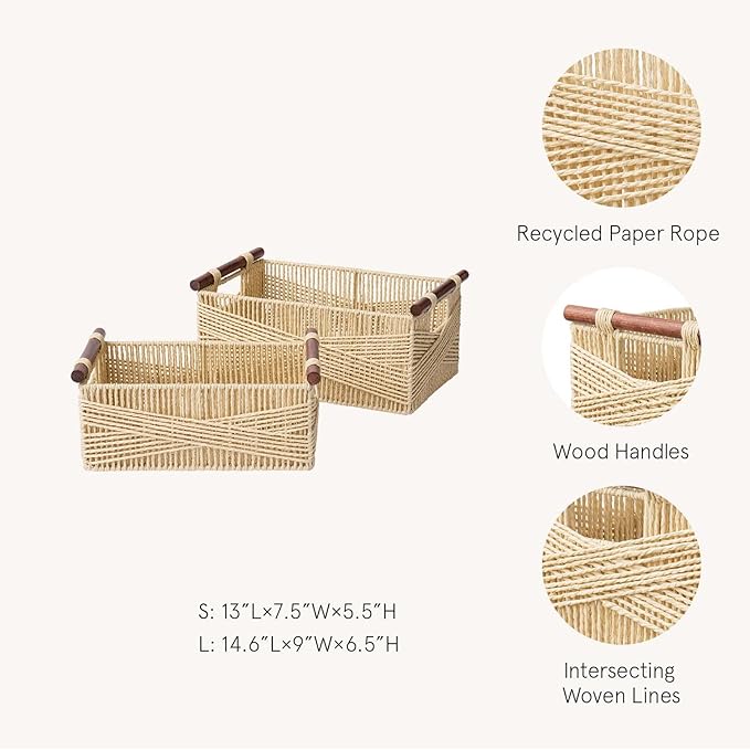 LA JOLIE MUSE Wicker Storage Baskets for Organizing, Recyclable Paper Rope Basket with Wood Handles, Decorative Hand Woven Basket Organizers for Makeup Books Shelves Living Room, Beige, Set of 2-Ruum Studio Home