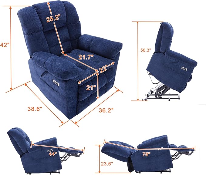 Triple Motor Power Lift Recliner Chair with Massage and Dual Heat for Elderly People, Zero Gravity Lay Flat Recliner Infinite Position, USB Ports（Navy Blue）-Ruum Studio Home