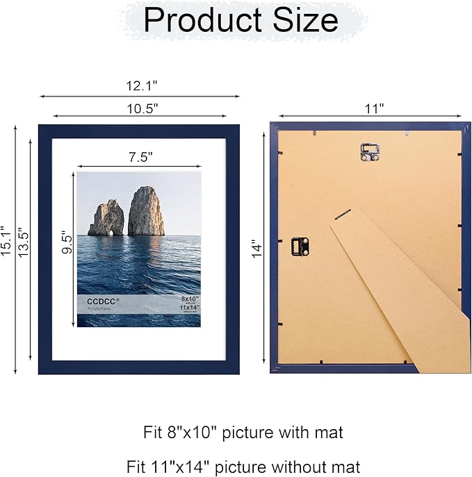 11x14 Picture Frame Set of 4, 11 x 14 Wood Photo Frames with Mat for 8x10, Natural Wooden Frame with Real Glass Cover for Wall and Tabletop Display,Blue-Ruum Studio Home