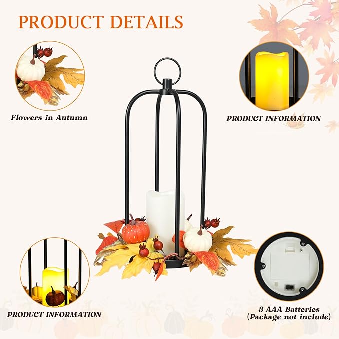 Fall Decor Lanterns Outdoor, 14" Waterproof Decorative Lantern Indoor Decor Metal Hanging Candle Holder LED Flameless Candle Lantern for Patio, Porch, 2 Packs-Ruum Studio Home