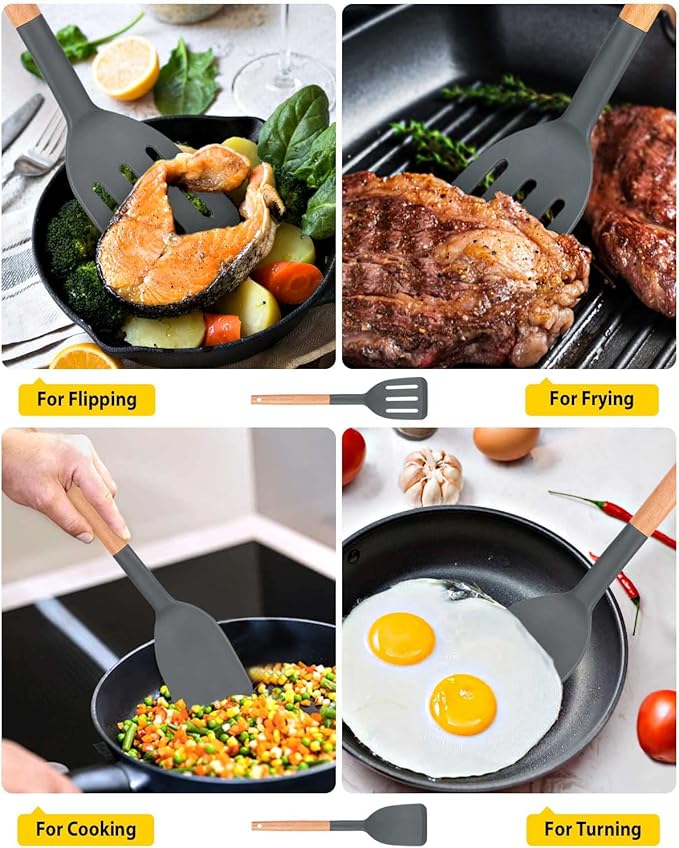 Pack of 2 Silicone Cooking Spatula, Heat Resistant Solid Turner, Non Stick Slotted Spatulas with Wooden Short Handle,Ideal Wood Kitchen Utensils Set for Frying, Baking, Flipping, Turning-Ruum Studio Home