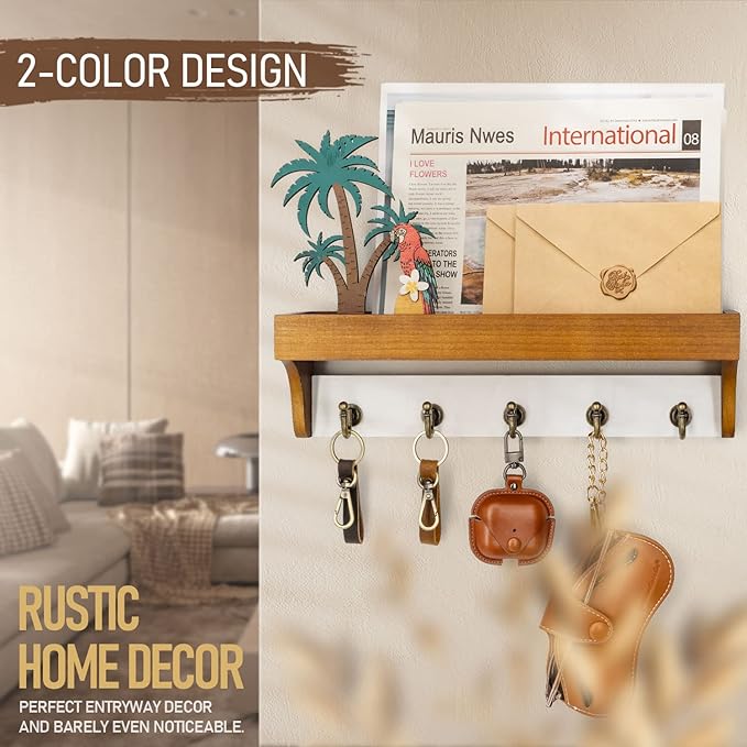 Rebee Vision Key and Mail Holder for Wall with Shelf - Farmhouse House Decor with 5 Rustic Keys Hooks and Decorative Mail Organizer Wall Mount - Decorative Apartment Essentials (Light Brown & White)-Ruum Studio Home