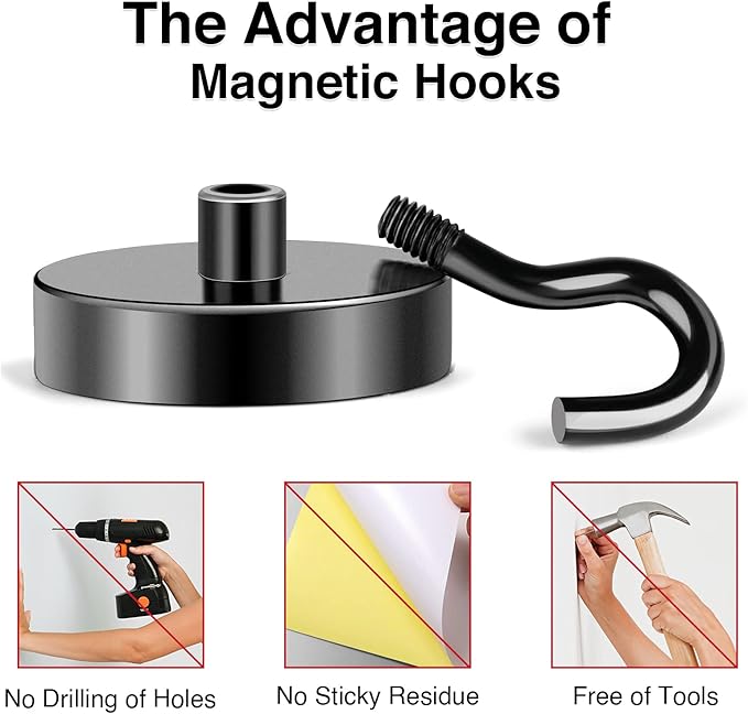 MIKEDE Black Magnetic Hooks, 80Lbs Heavy Duty Earth Magnets with Hooks for Cruise Cabin, Strong Magnet Hooks for Hanging, Super Metal Magnetic Hanger for Grill, Fridge, Kitchen - Pack of 10-Ruum Studio Home