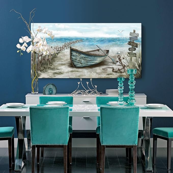 Wall Art for Living Room Large Beach Decor Picture Seagull Vintage Boat Artwork Ocean Sea Bird Canvas Print Seascape Nautical Painting Blue Teal Rustic Coastal Themed Cottage Bedroom Office Décor-Ruum Studio Home