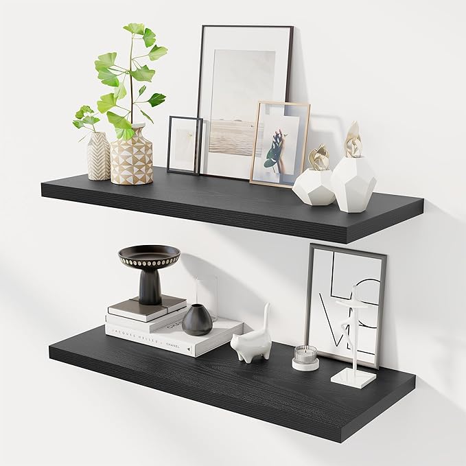 32" Floating Shelves for Wall, 12" Deep Slim Black Floating Shelves, Wall-Mounted Shelves for Bedroom, Living Room, Kitchen, Bathroom - Set of 2-Ruum Studio Home