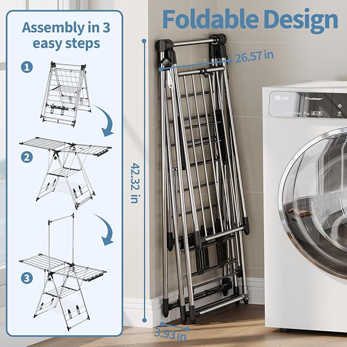 APEXCHASER Clothes Drying Rack with High Hanger, Foldable 3-Level Drying Racks with Shoe Rack, Crossbar and Vertical Rod Laundry Stand with Adjustable Wings Silver-Ruum Studio Home