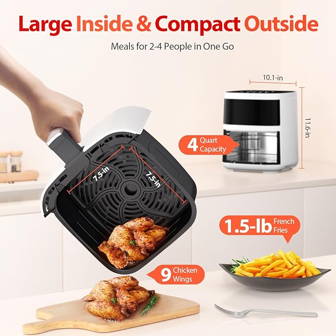 Air Fryer, Beelicious 8-in-1 Smart Compact 4QT Air Fryers, with Viewing Window, Shake Reminder, 450°F Digital Airfryer with Flavor-Lock Tech, Dishwasher-Safe & Nonstick, Fit for 1-3 People, White-Ruum Studio Home