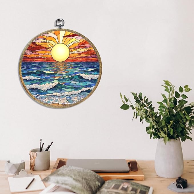 Colorful Boho Waves on The Beach Sunset Gifts for Sunset Lovers Framed Round Wall Decor Canvas Wall Art Hanging Prints Artwork for Home Nursery Bathroom Bedroom Living Room Decorations 10.2X10.2 Inch-Ruum Studio Home