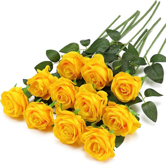 Yellow Fake Roses Artificial Flowers - 10 Pcs Fake Artificial Roses Silk Flowers with Stems for Home Wedding Hotel Office Centerpiece Decor-Ruum Studio Home