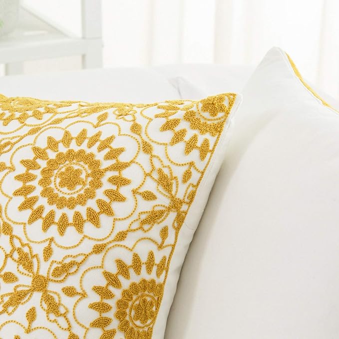 HWY 50 Yellow Decorative Throw Pillow Covers 18x18 Inch (1 Piece), Embroidered Cotton Farmhouse Cushion Cover Pillow Case for Sofa Couch Living Room Bed, Little Sunflower-Ruum Studio Home