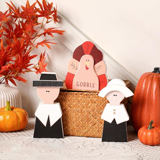 Amorita Fall Thanksgiving Decorations Wooden Turkey Pilgrim Couple Table Sign 3 Pcs Fall Thanksgiving Decor Standing Tabletop Sign Decor for Autumn Harvest - Z-Ruum Studio Home
