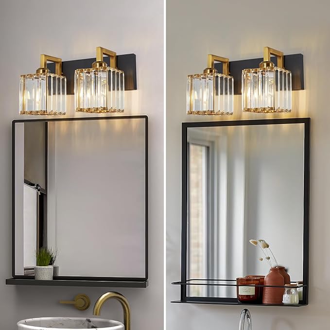 Modern Bathroom Vanity Light 2-Lights Black Gold Crystal Wall Lamp Bathroom Modern Crystal Vanity Lighting-Ruum Studio Home