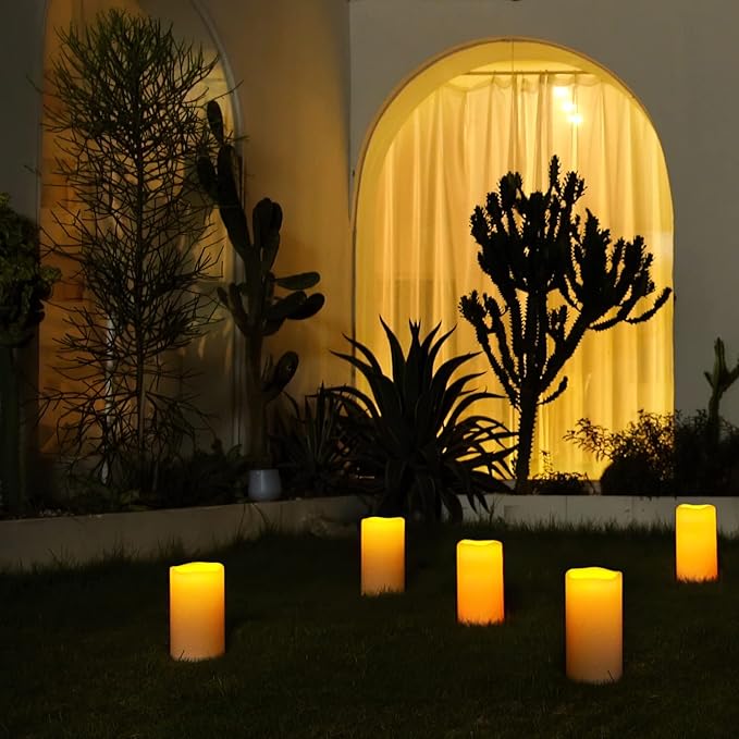 5plots 4" x 8" Single Waterproof Outdoor Flameless Candles, Battery Operated Flickering LED Pillar Candles with Remote and Timers for Indoor Outdoor Lanterns, Long Lasting, Large-Ruum Studio Home